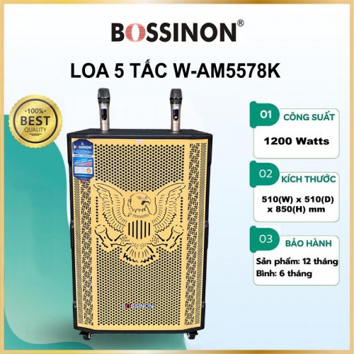 LOA KÉO 5 TẤC GỖ BOSSINON W-AM5578K _Kích thước: 510 (W) x 510 (D) x 840 (H)mm _Công suất: 1200Watts -Bảo hành chính Hãng 12 tháng (bình và micro bảo hành 6 tháng)